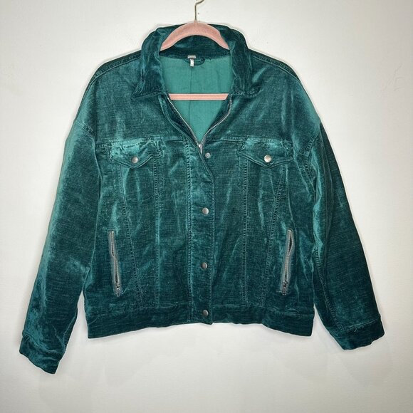 Free People Velvet Trucker Jacket Womens Small Green Snap Zip Bomber Oversized - Picture 1 of 9
